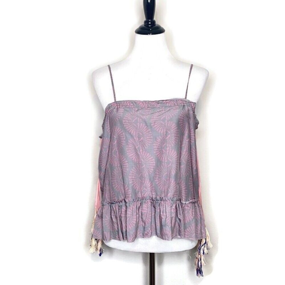 lemlem BOHO Peplum Tassel Fringe Cami Top Womens S Gray Pink Ethnic Print NEW